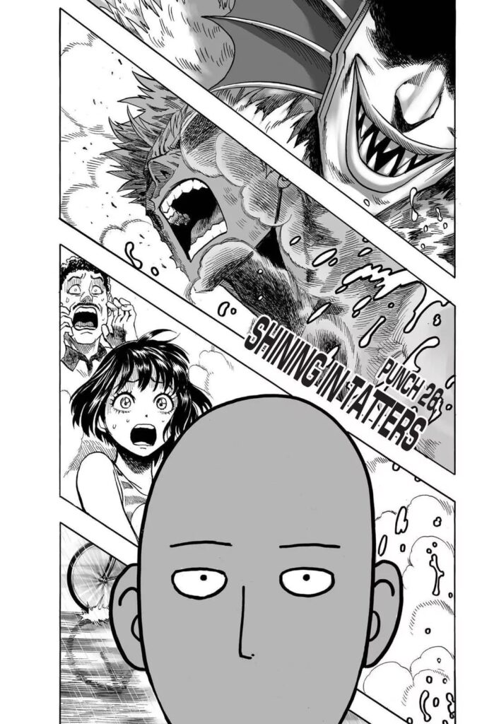 The Deep Sea King, Genos hit by acid, the little girl, and the iconic bored-unserious face of Saitama.