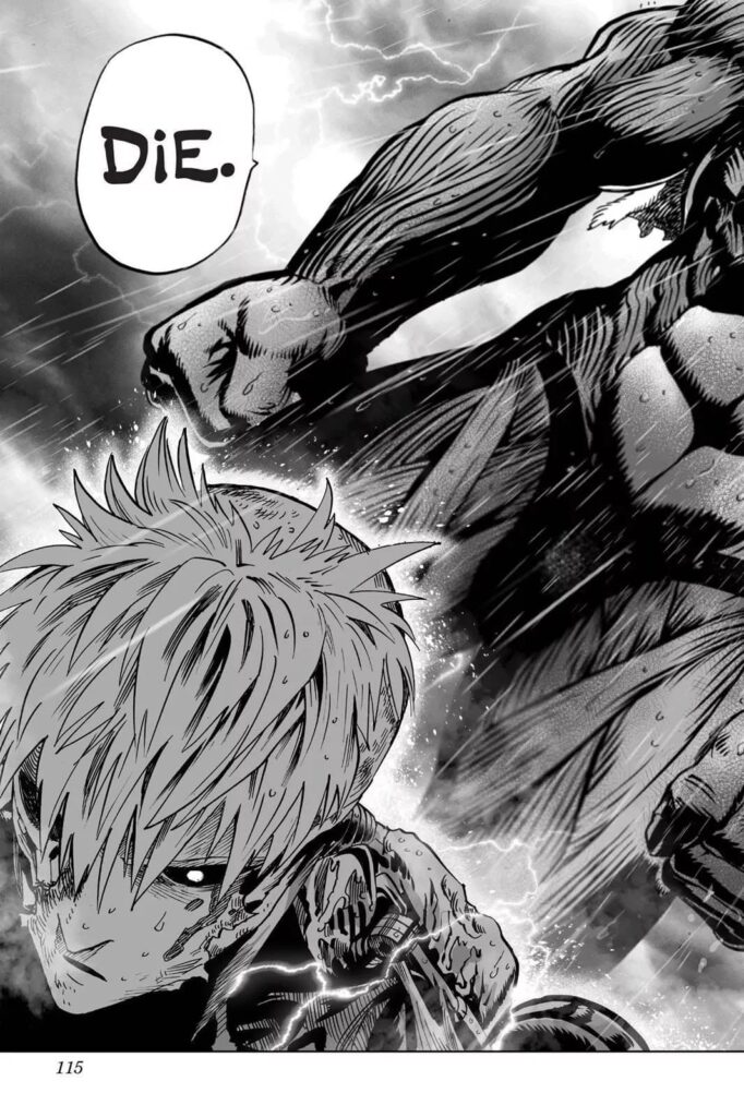 Genos tries to stand up while the Deep Sea King prepares to finish him off.