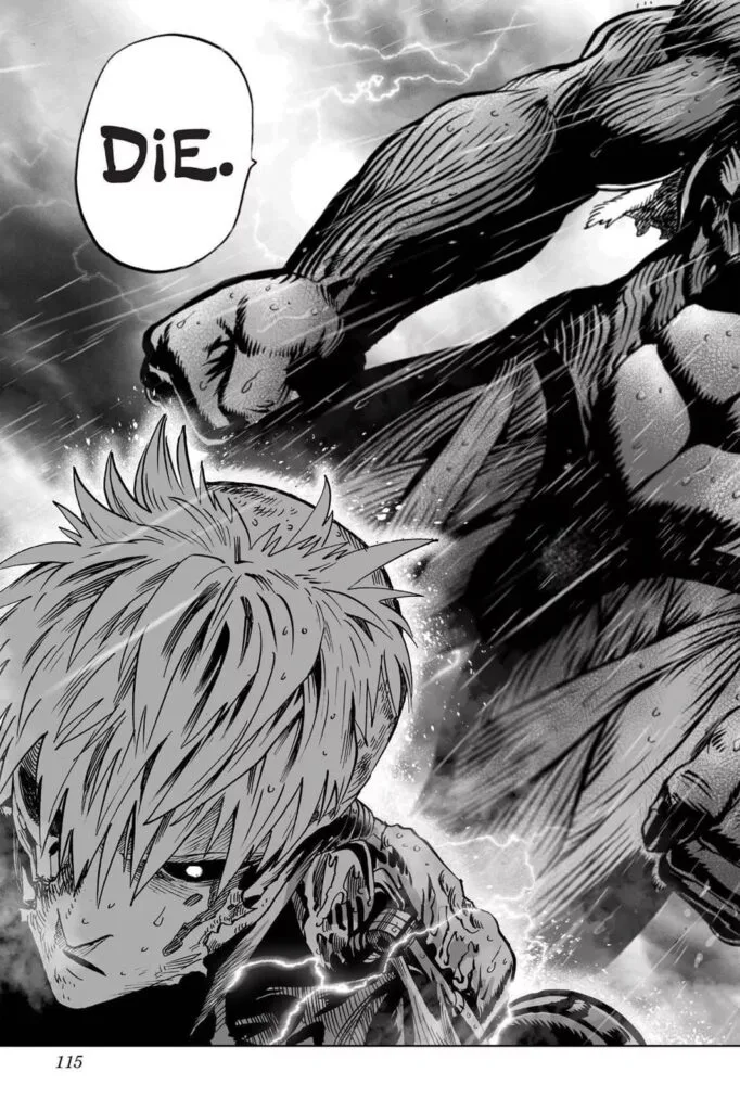 Genos tries to stand up while the Deep Sea King prepares to finish him off.