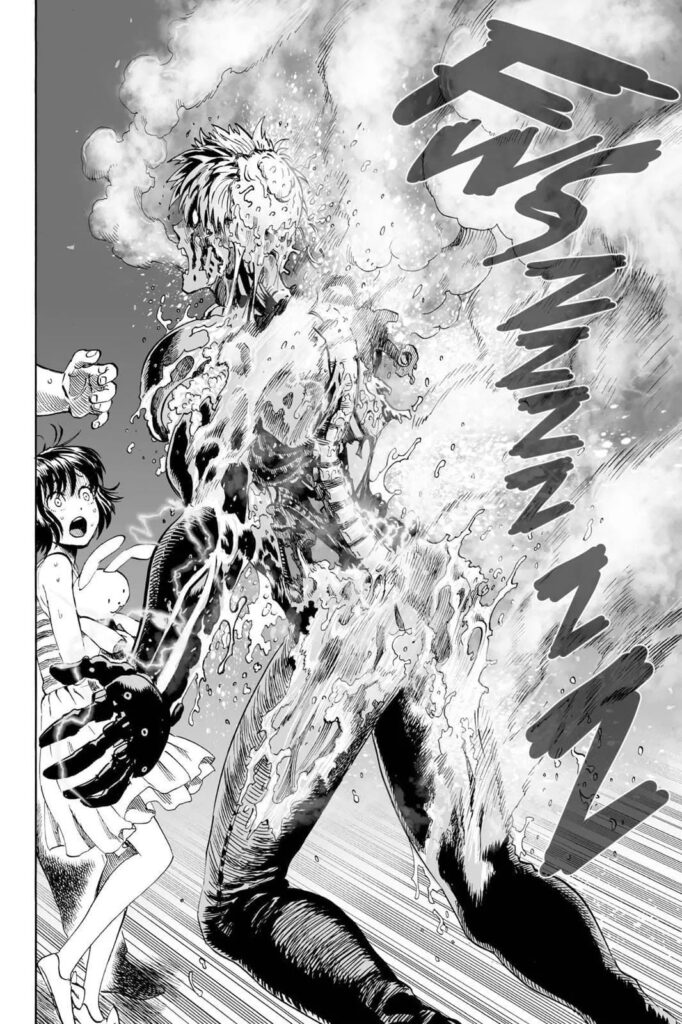 Genos' back gets burned as he shields the little girls from the acid.