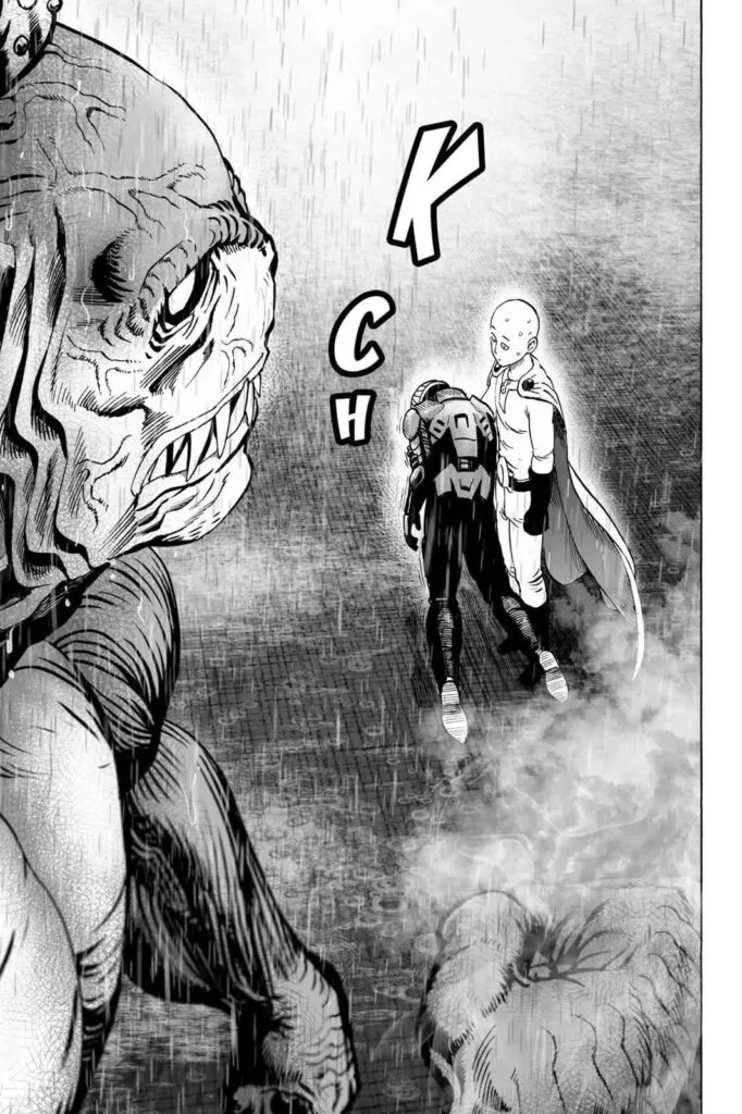 Saitama appears and catches the unconscious Mumen Rider while the monster looks at him.