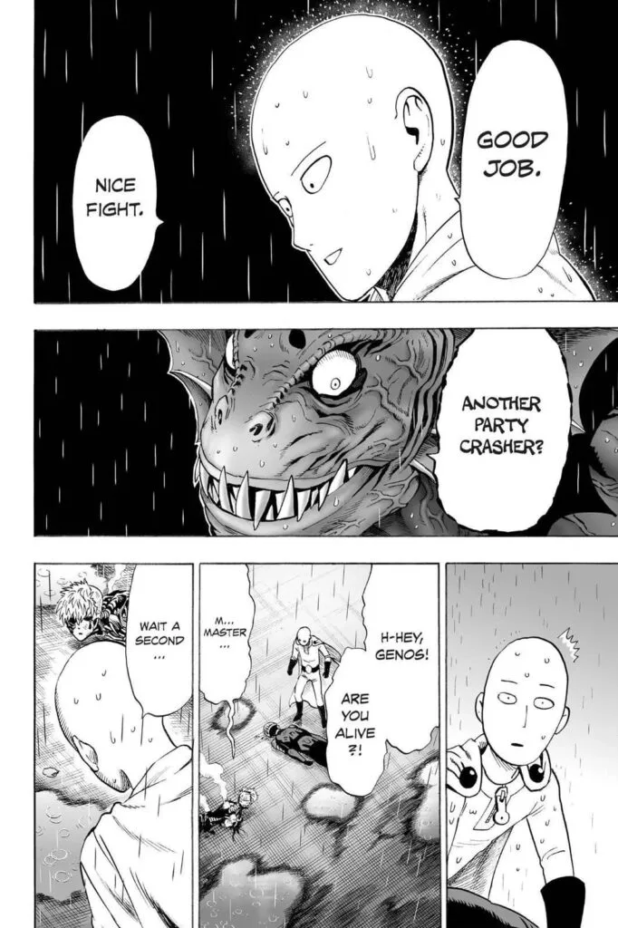 Saitama compliments Mumen Rider while asking Genos if he's still alive.