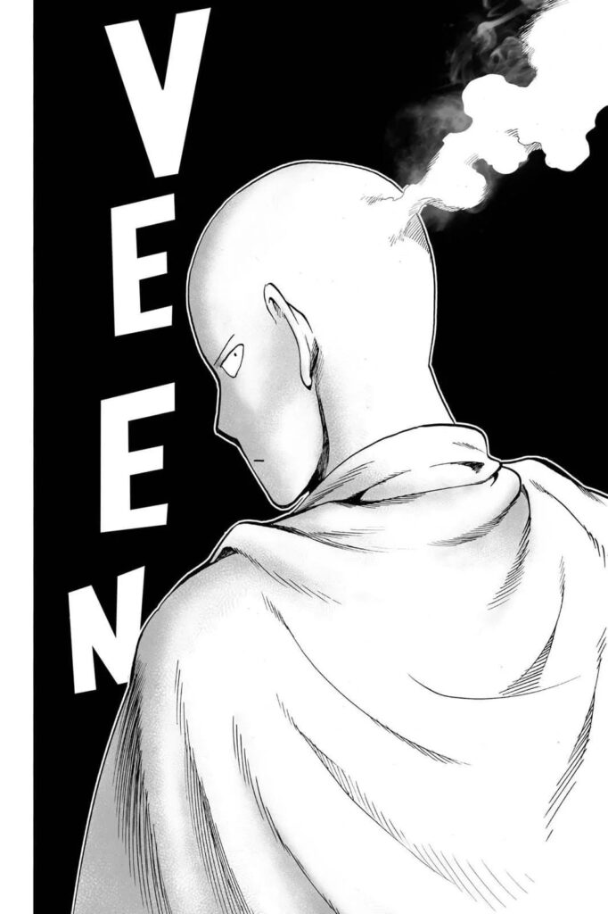 Saitama gives a serious look behind him while his shiny head emits a smoke.