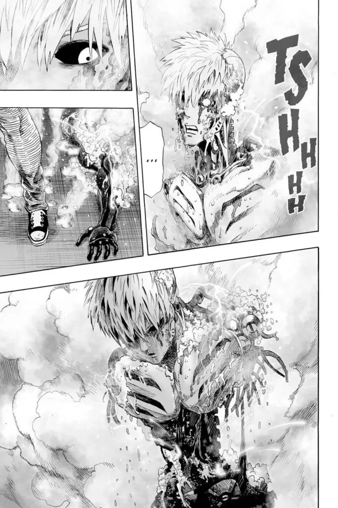 Genos' body slowly melts as smoke comes out due to the burning acid.