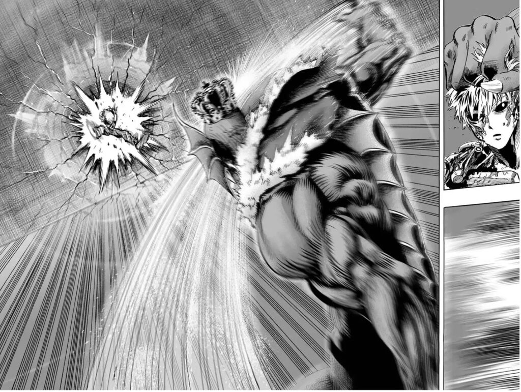 The Deep Sea King grabs Genos by the hair and throws him to the wall.