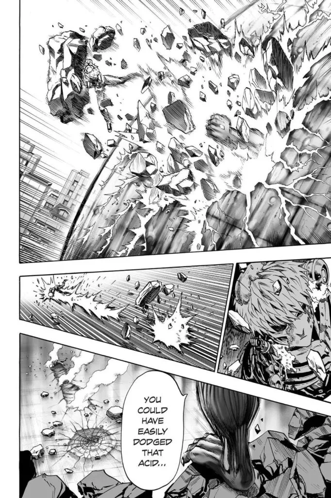 The wall cracks and breaks, sending Genos outside the shelter.