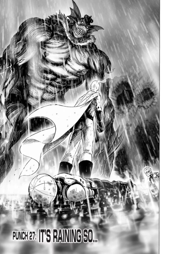 Saitama Stands in front of the intimidating Deep Sea King while Mumen Rider and Genos are lying on the ground.