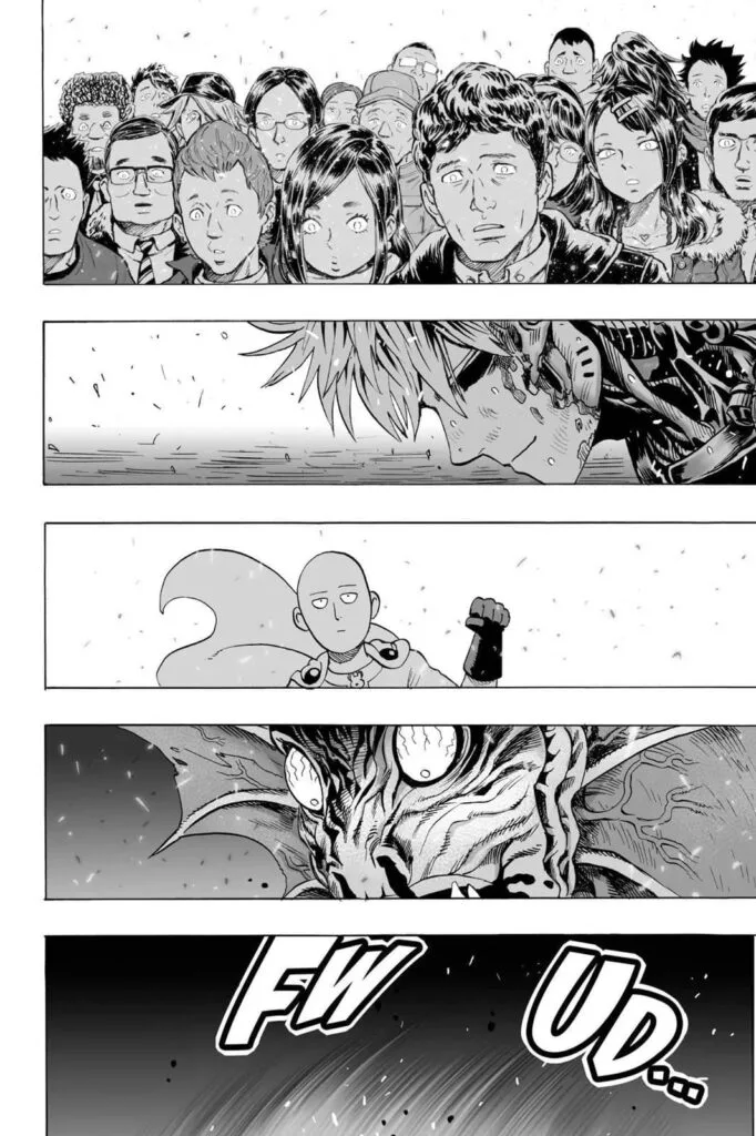 The citizens look dumbfounded, Genos smiles, Saitama displays his signature bored face, and the monster coughs up blood.