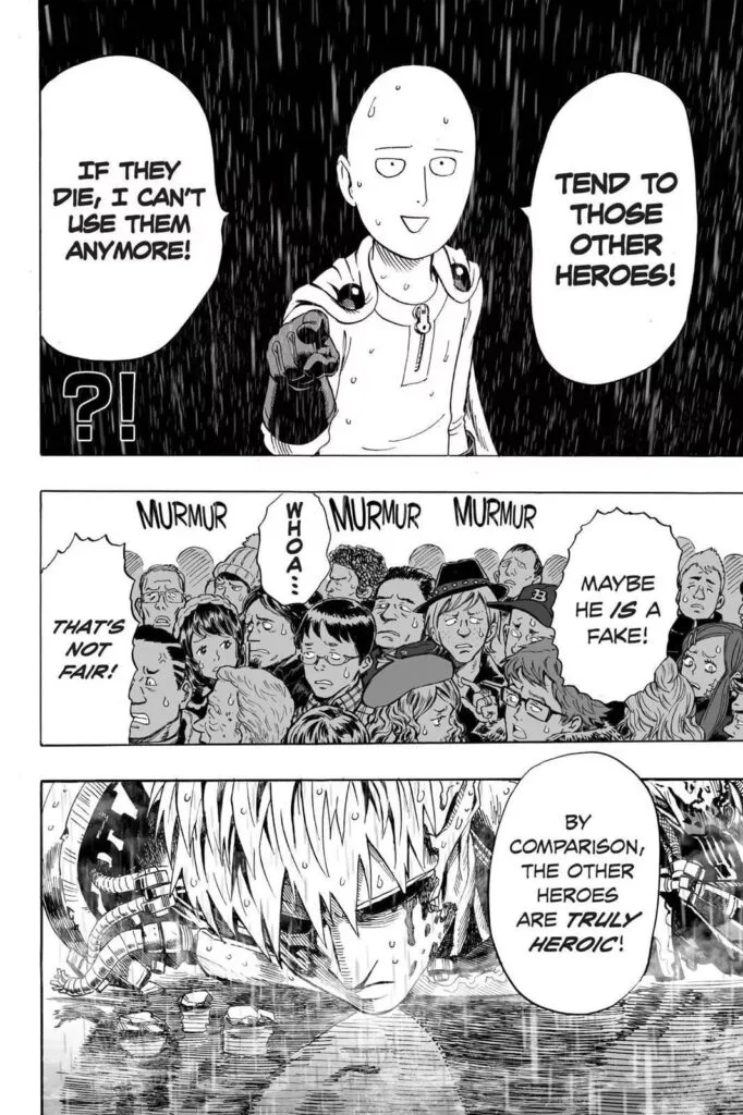 Saitama tells the citizens to tend to the injured heroes while their opinions are still divided.