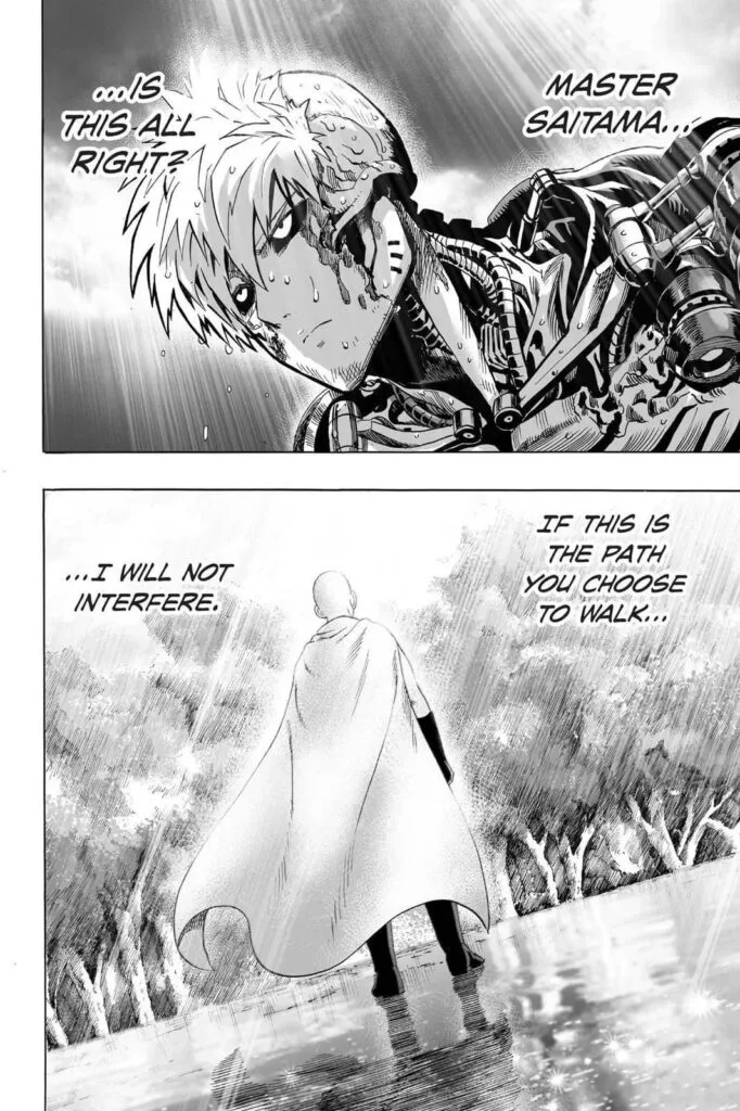 Genos looks at Saitama as the rain stops and the sun shines.