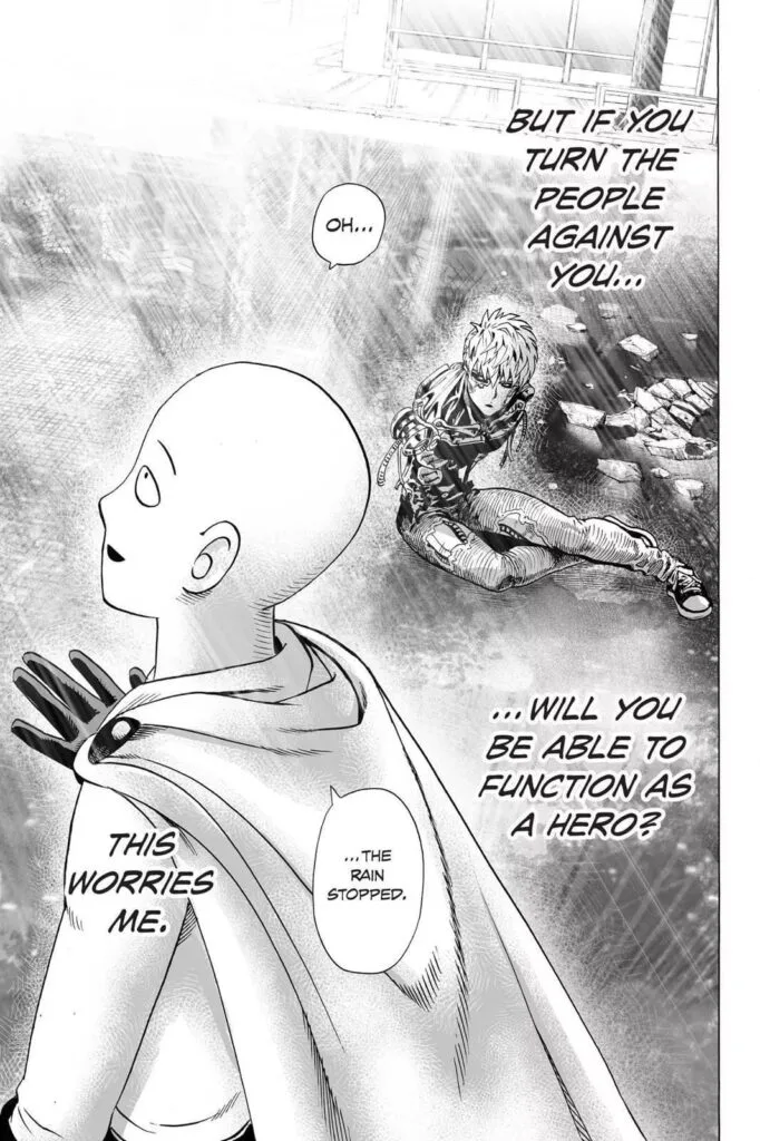 Genos sits down, looking worried about what Saitama said to the people while the sun starts shining.