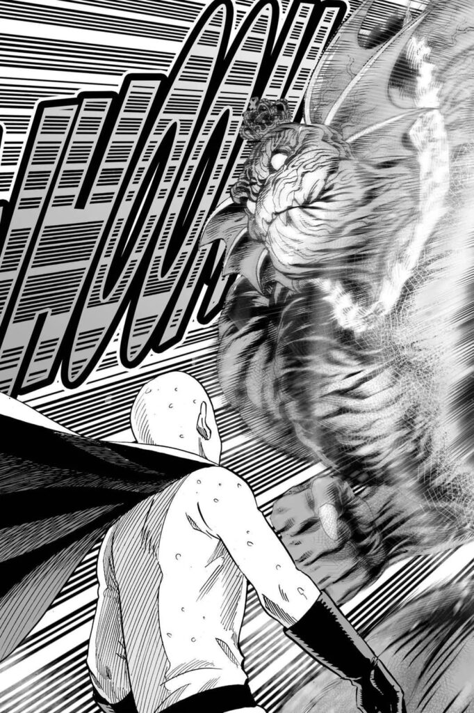 The punch is about to hit Saitama, but he just stands there.