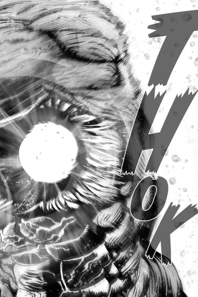 Saitama immediately counters with a punch that creates a hole in the Deep Sea King's body.