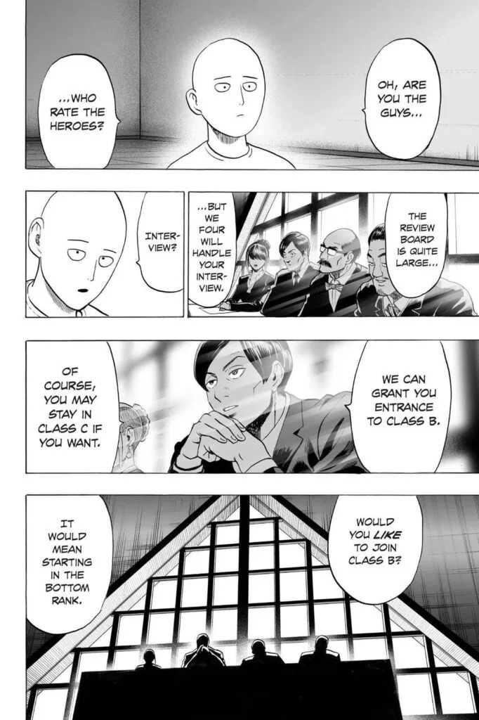 The four executives offer Saitama for rank advance to Class B.