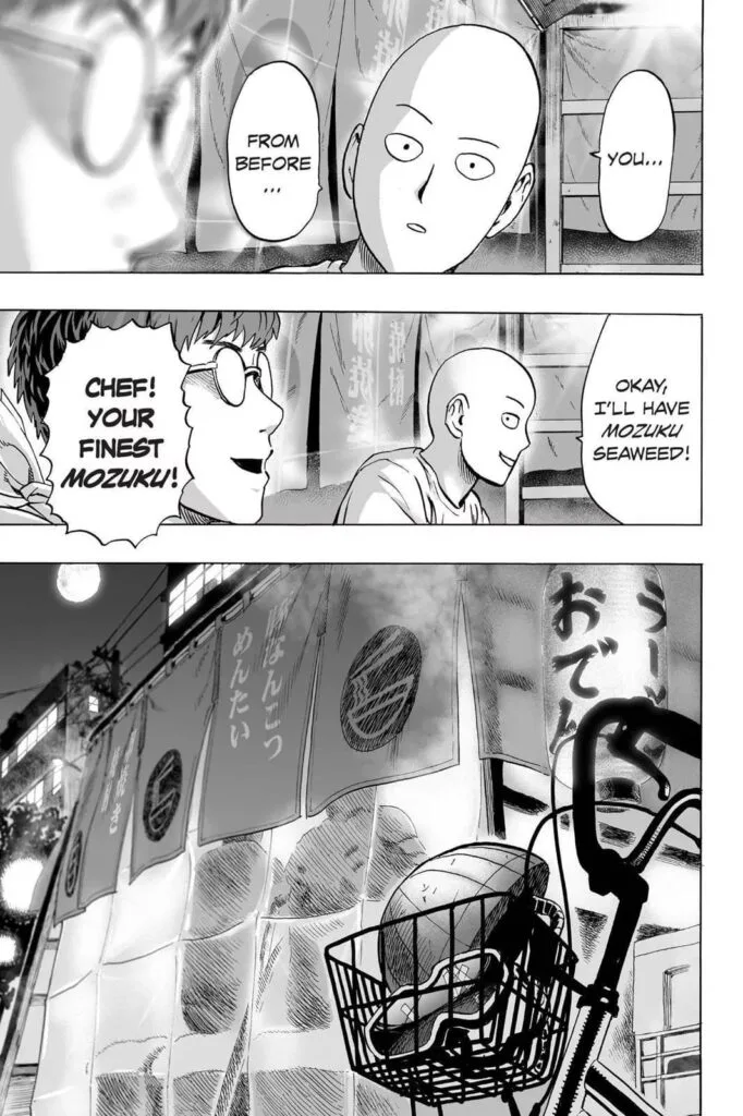 Saitama recognizes the rider as Mumen Rider, and his bicycle is parked outside.