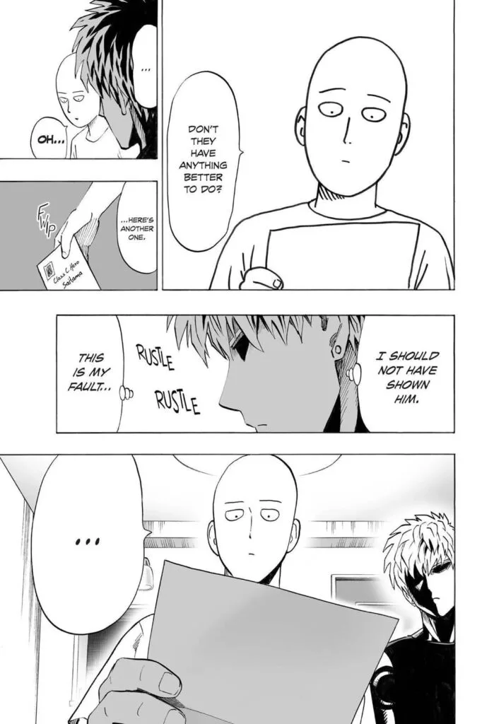 Saitama, unfazed by their messages, opens up another letter.