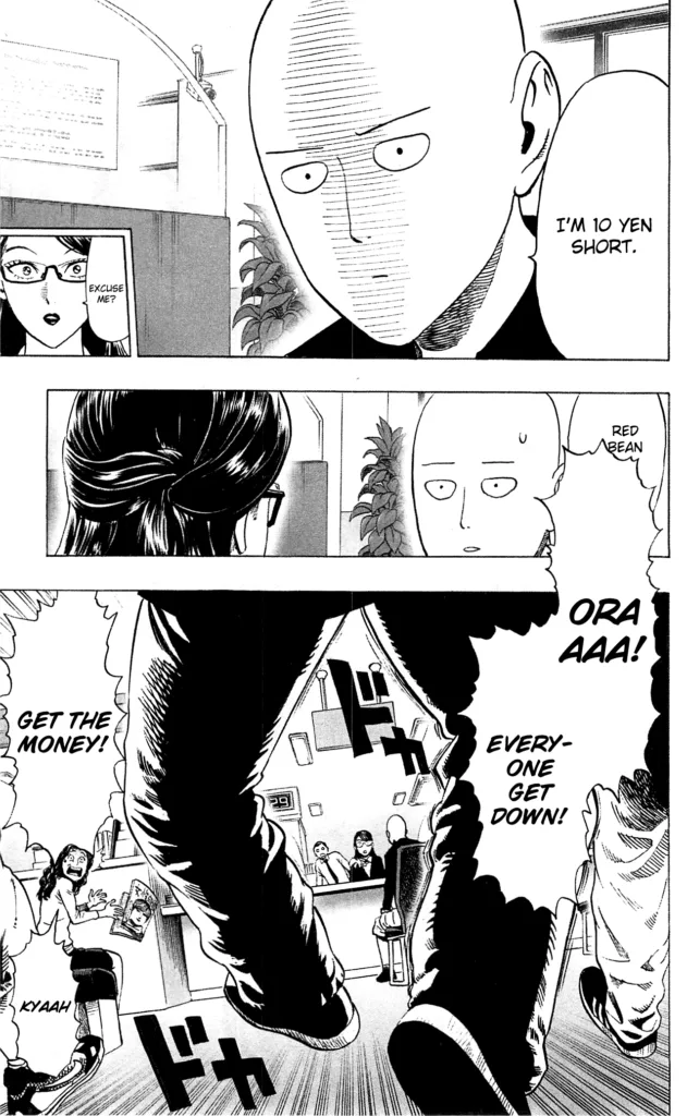 Saitama returns to the bank when a robber declares a hold-up.