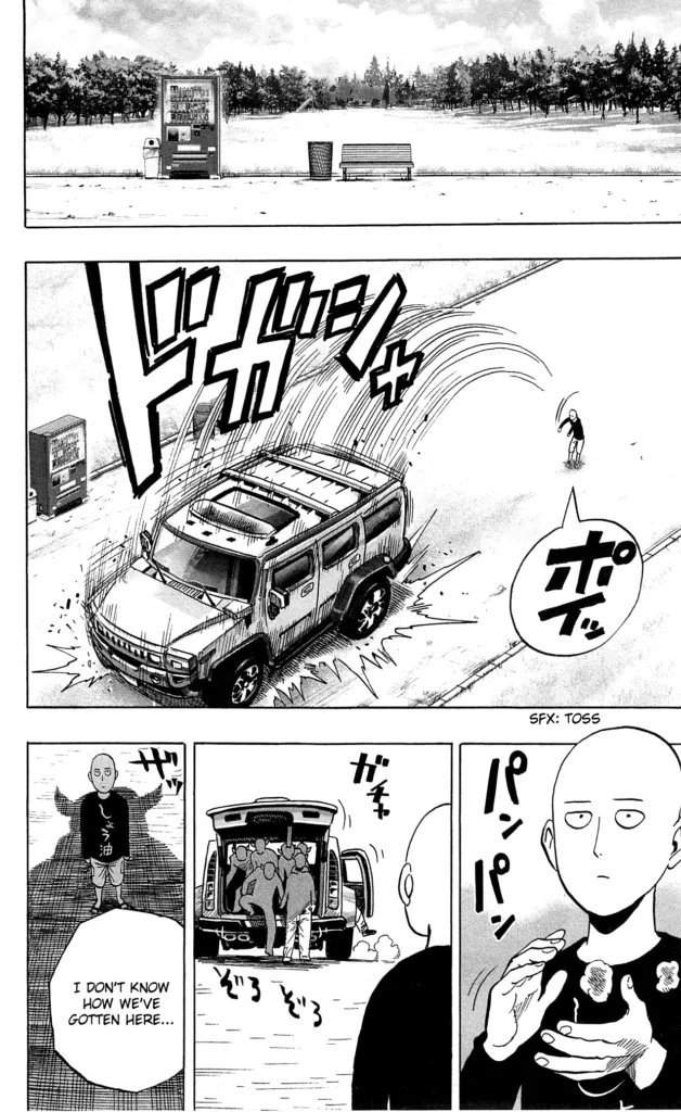 Saitama drops the car in front of the vending machine.