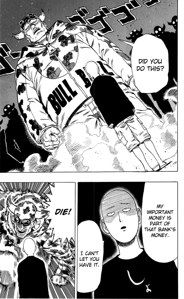 Class A Criminal Bull Bull faces Saitama and decides to attack him.