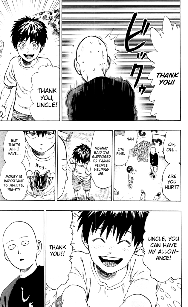 The kidnapped kid gets outside the car and thanks Saitama by giving him all of his allowance.