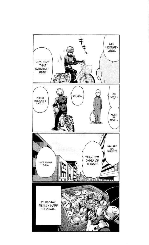 Saitama meets with Mumen Rider and decides to give the whole box of juice to him.