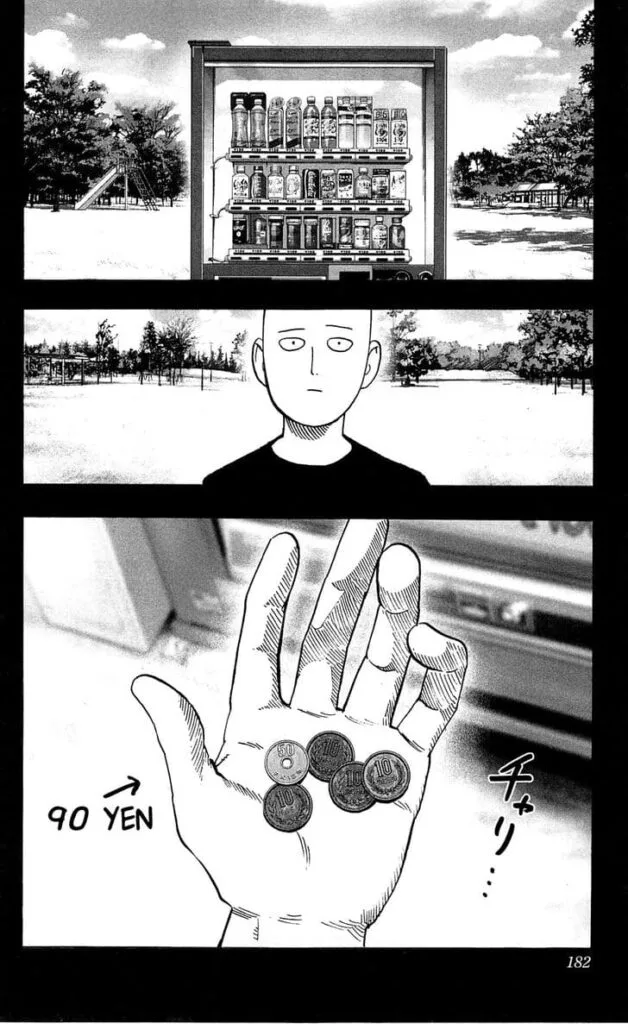 Saitama approaches a vending machine with 90 yen coins.