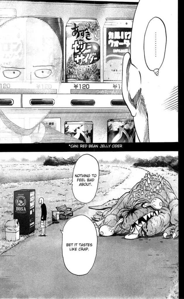 Saitama buys something in the vending machine while a monster is seen dead behind him.