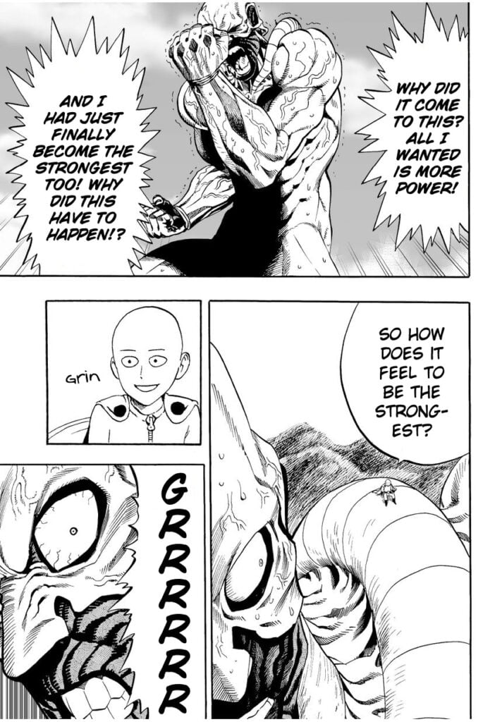 The giant becomes angry at Saitama who is smiling while on his shoulder.