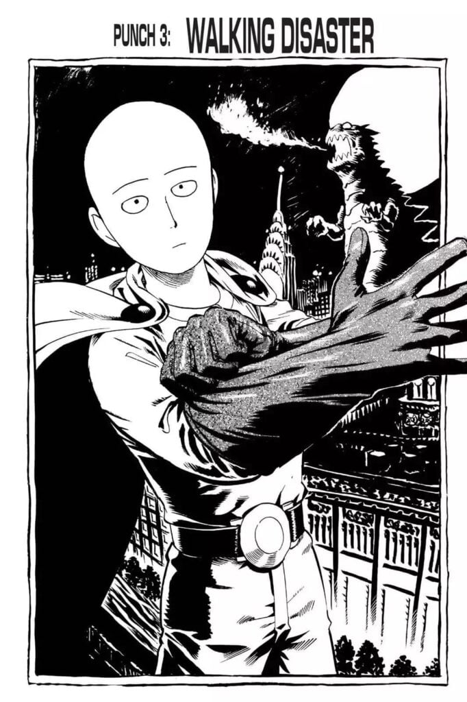 The main character Saitama putting on his gloves while a dinosaur rages on the city behind him.