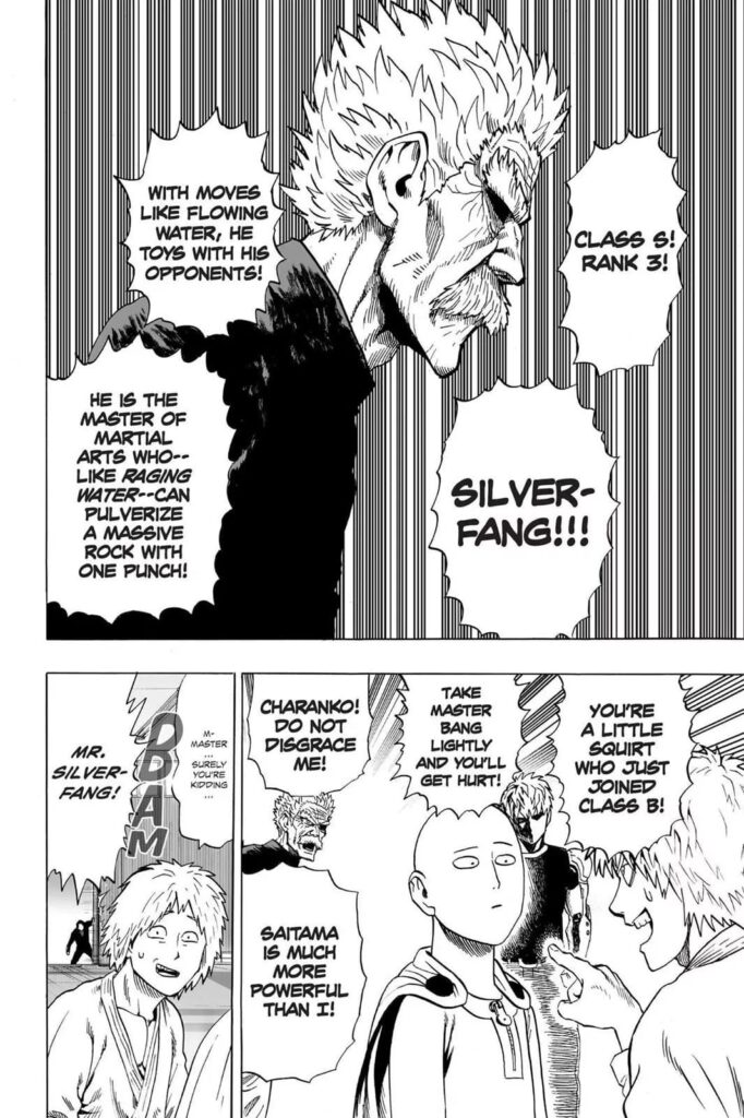 Mr. Bang looks serious as Charanko praises him in front of Genos and Saitama but tells him to stop.