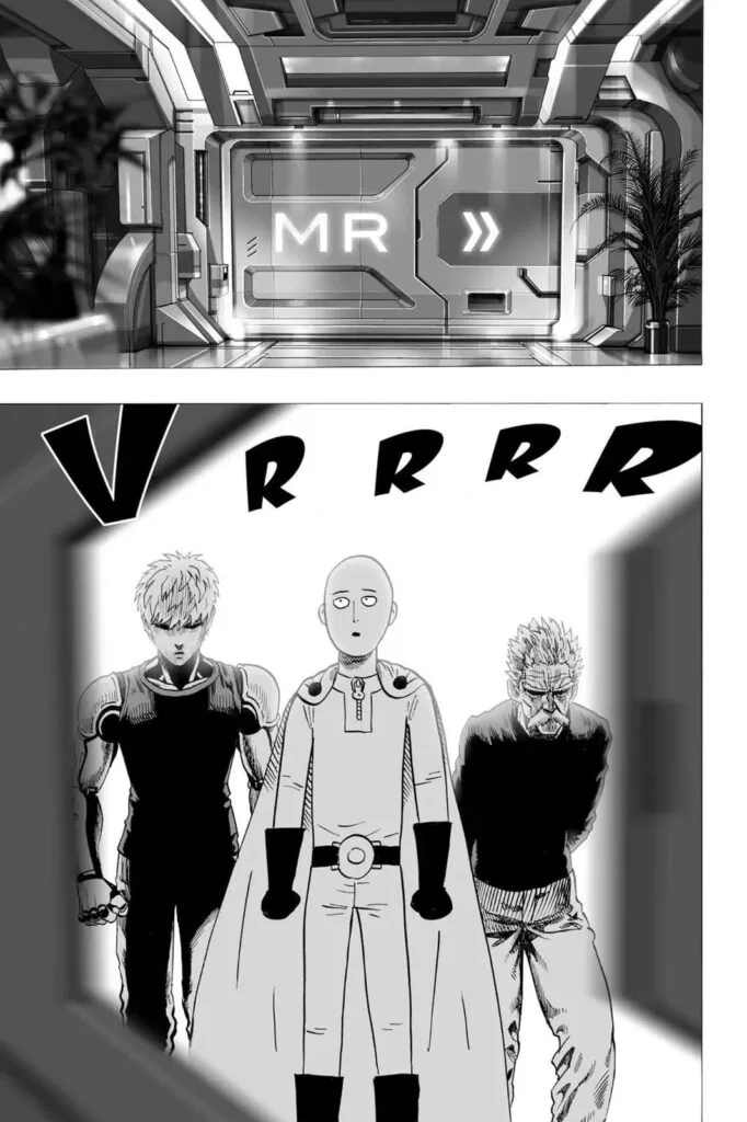 Genos, Bang, and Saitama enter into automatic doors.