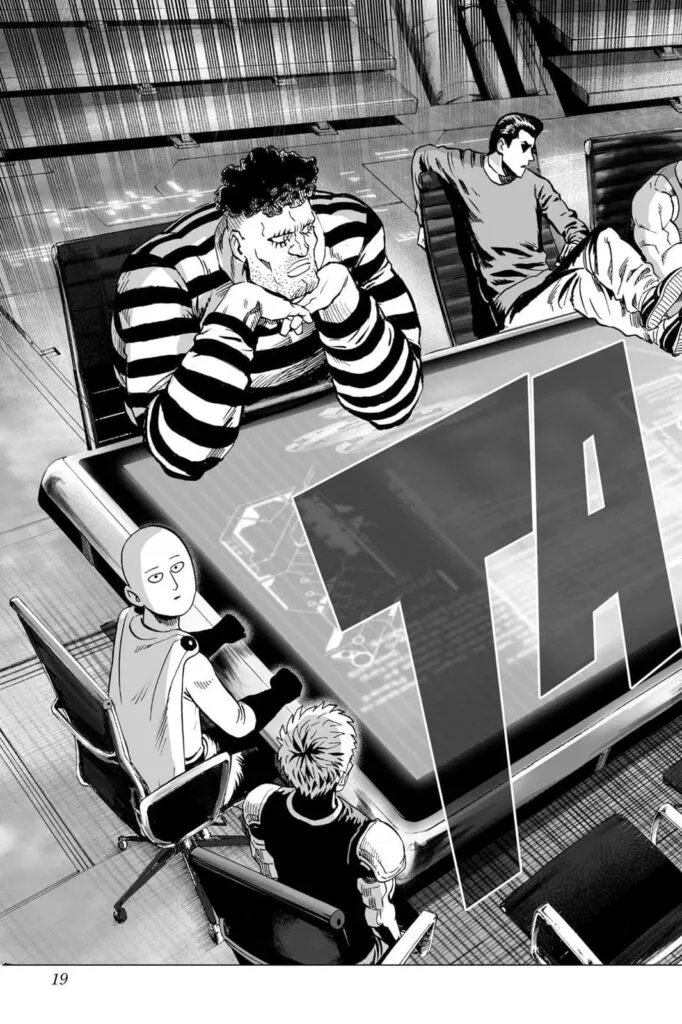 Saitama and Genos sit side by side with other S-Class heroes nearby.