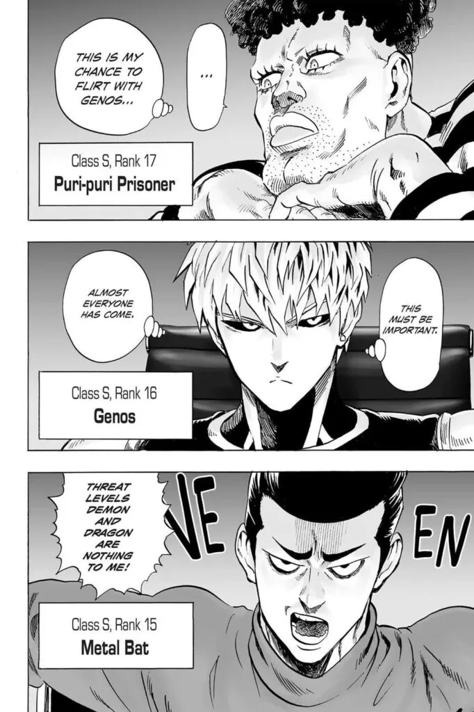 Puri-Puri Prisoner, Genos, and Metal Bat each have their own thoughts and words.