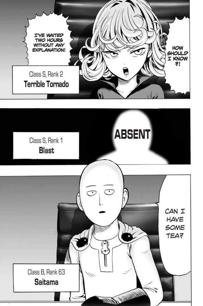 Terrible Tornado, an absent Blast, and Saitama asking for tea.