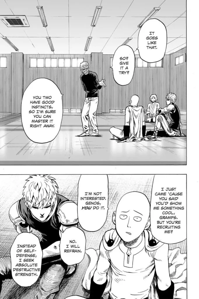 Bang invites Genos and Saitama to perform the technique, but they refuse.