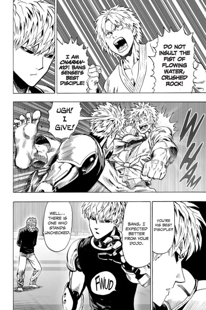 Charanko reacts to Saitama and Genos' refusal but surrenders immediately to Genos.