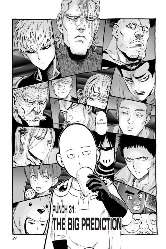 All the heroes have serious faces, with Saitama in the background.