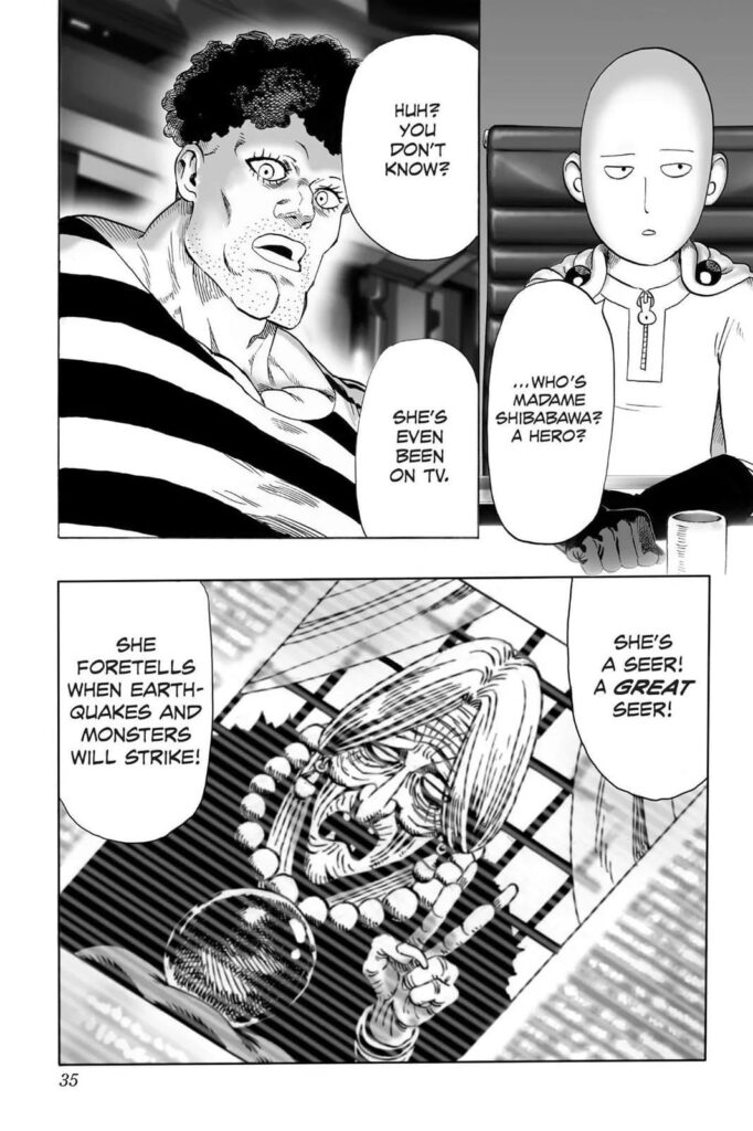 Saitama asks who Shibabawa is, and Puri-Puri prisoner answers him.