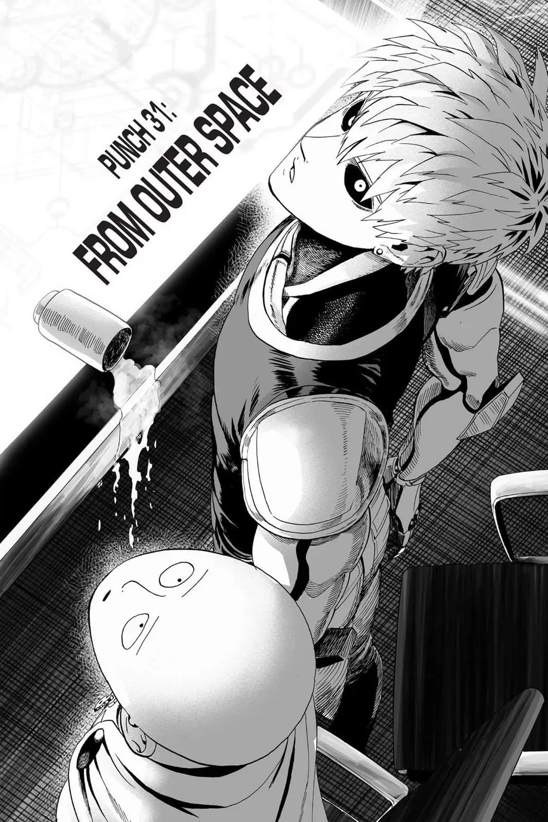 Saitama and Genos stand up as Saitama's tea spills on the table.