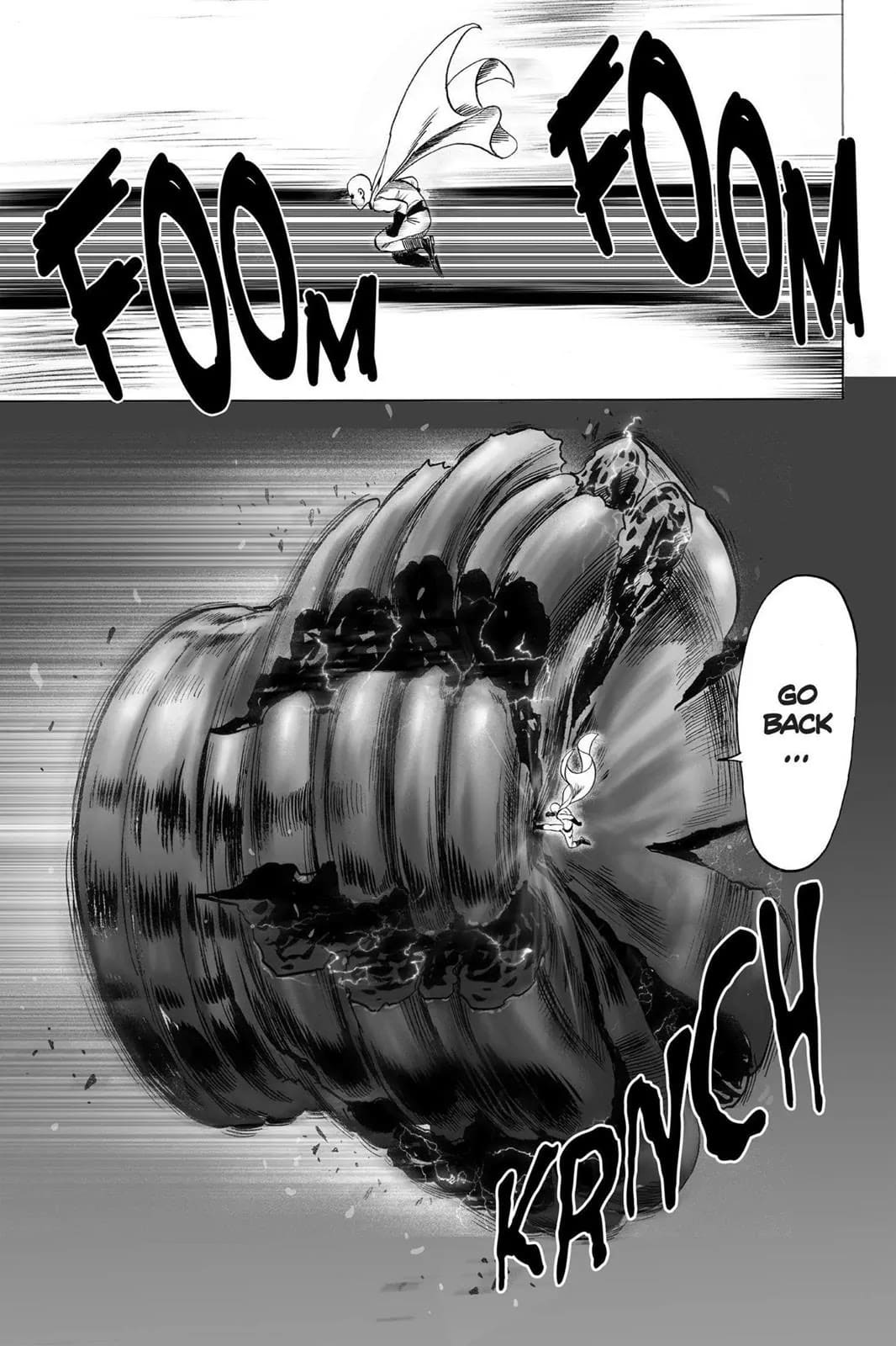 Saitama kicks one of the bullets, and it flattens.