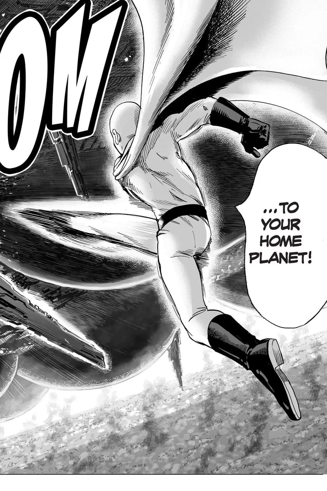 Saitama kicks back the huge bullet to the ship.