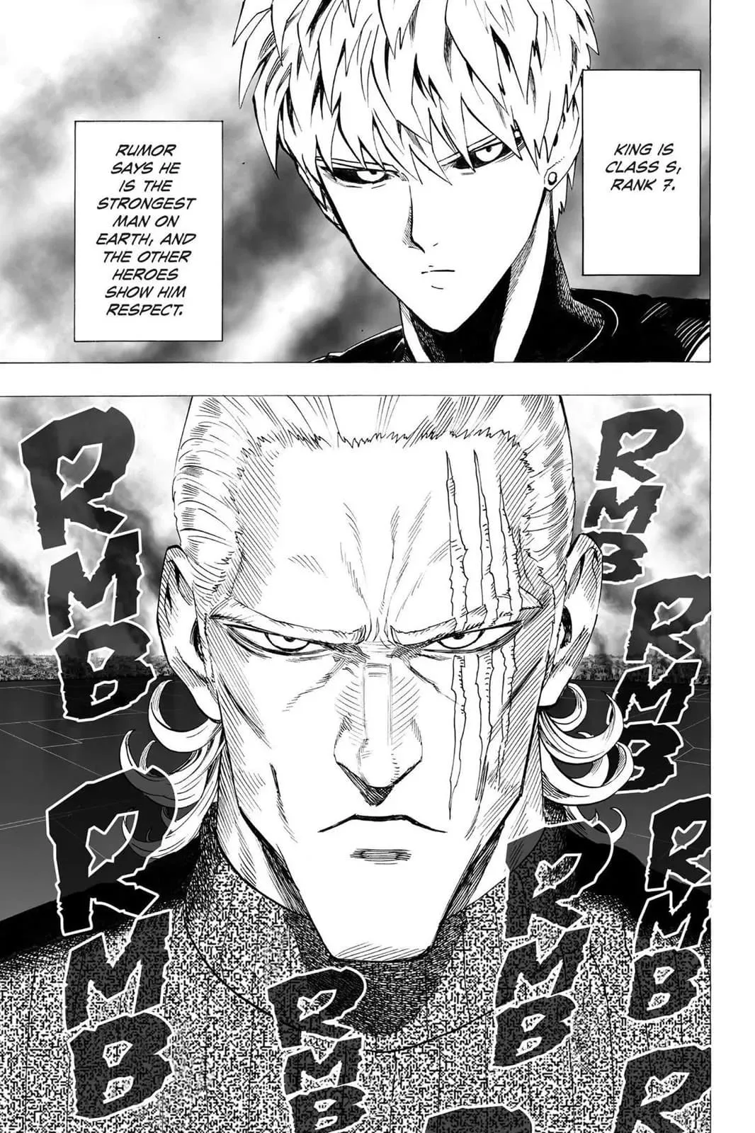 Genos seriously looks at King as he starts his King Engine.