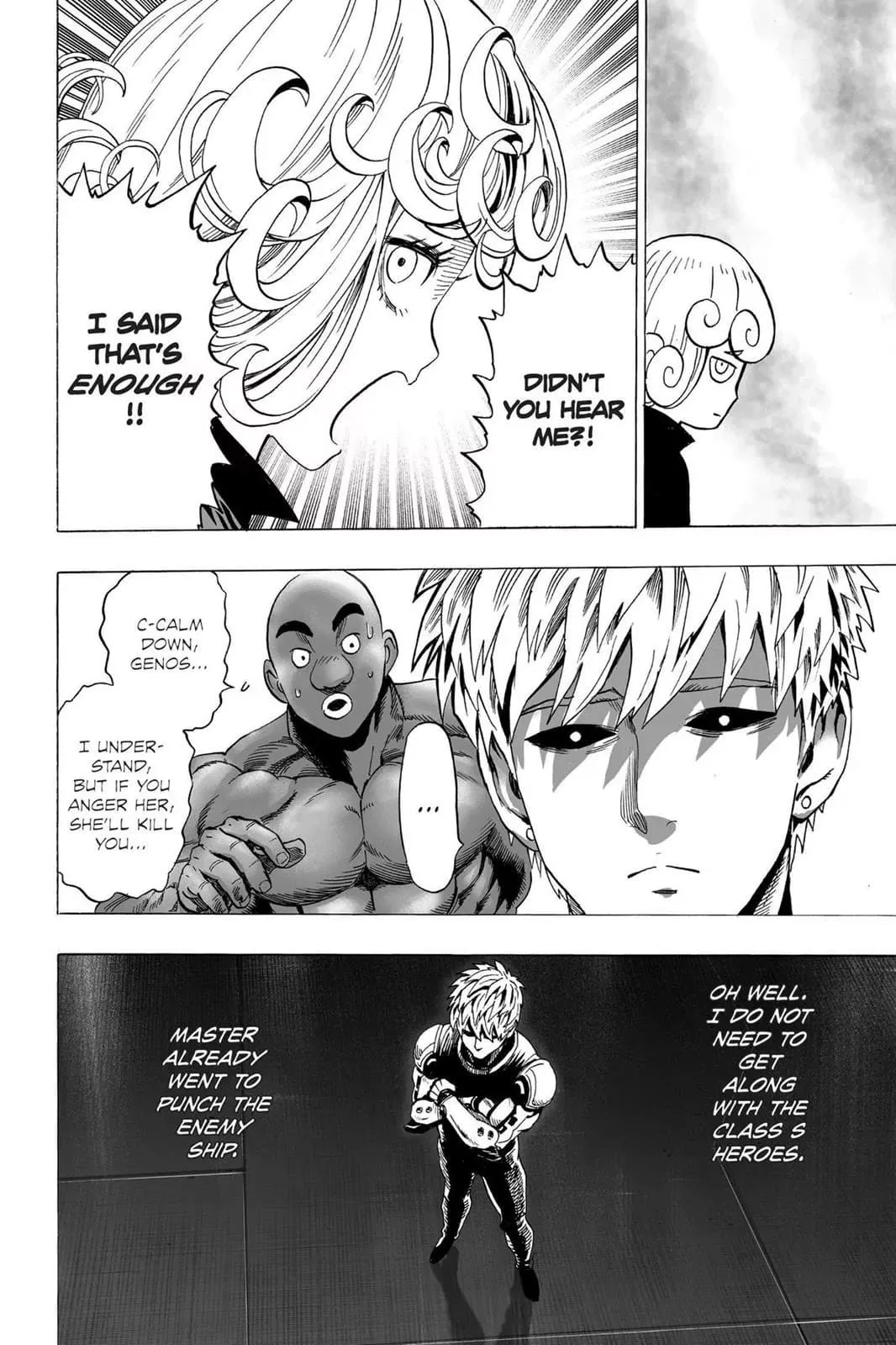 Tatsumaki mocks other heroes, and Genos stands down.