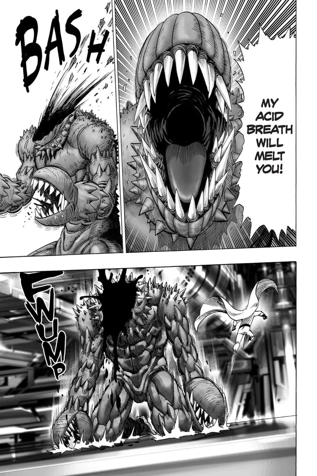 Saitama one-punches the monster while it explains about his acid breath.