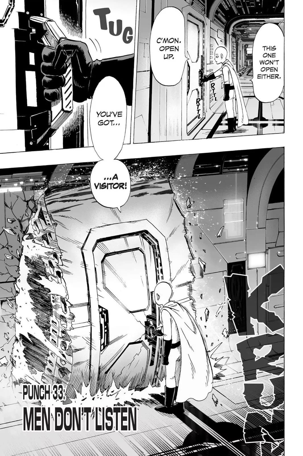 Saitama forces a door inside the alien space shuttle to open, but the whole room gets removed instead.