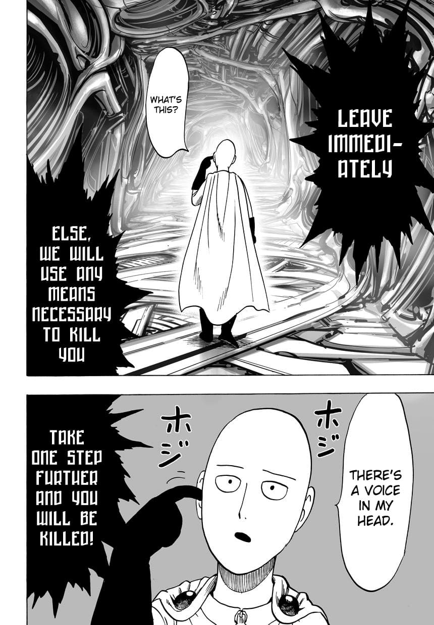 Saitama fingers his ear after hearing voices on his head telling him to surrender while walking.