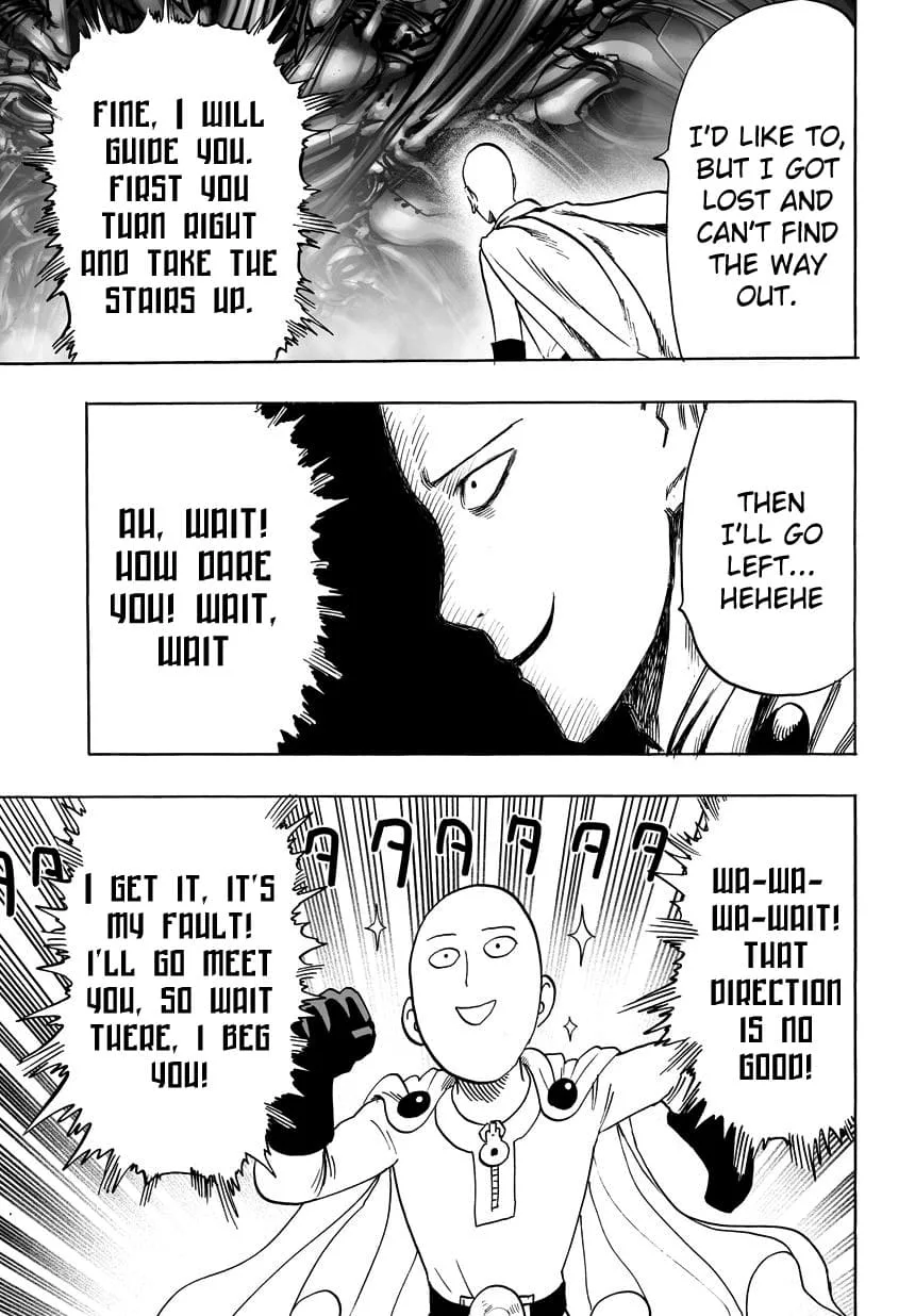 Saitama tricks the alien into giving him direction, and he now runs the opposite way while smiling.