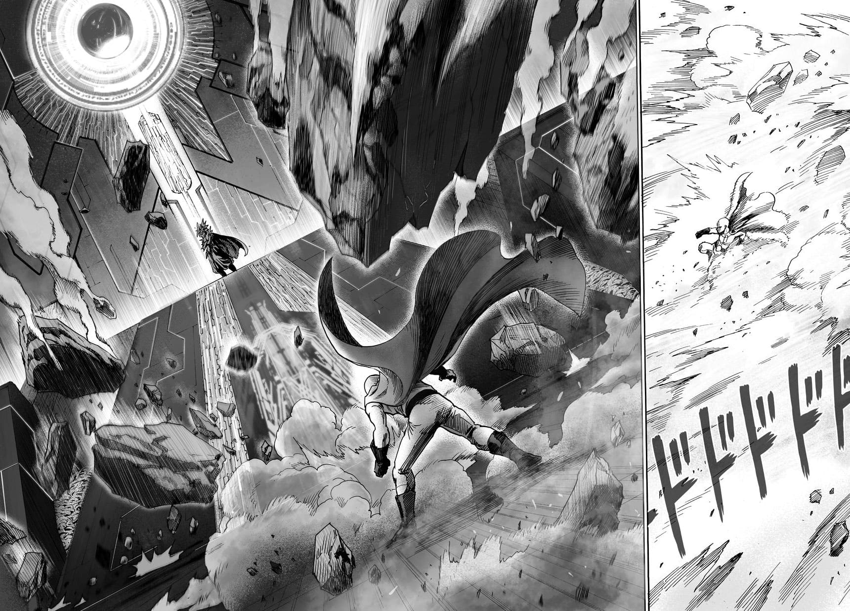 Dust flares, and Saitama sees Boros on a stage.