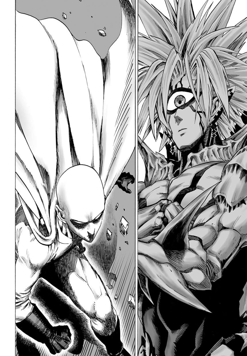 Boros and a super serious Saitama look at each other.