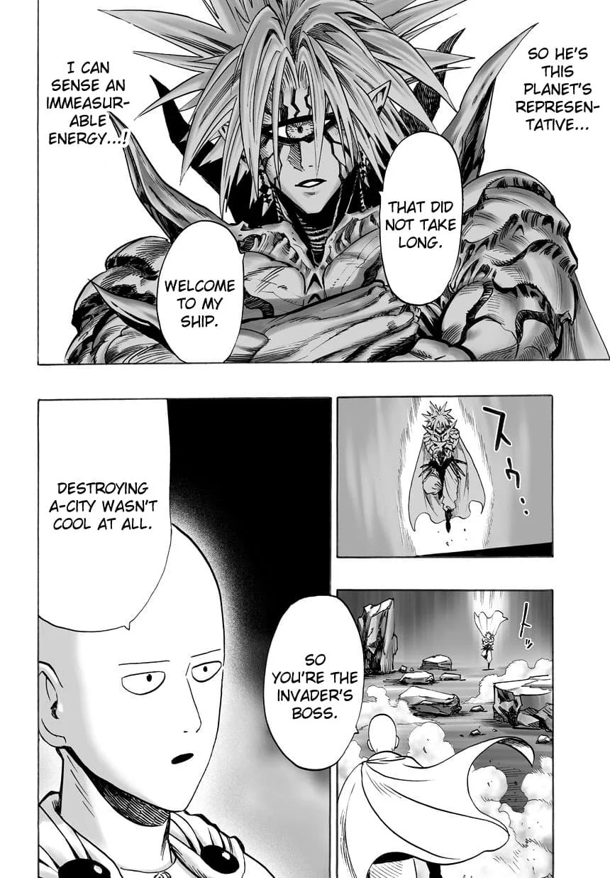 Boros acknowledges Saitama's strength and jumps down to meet him.